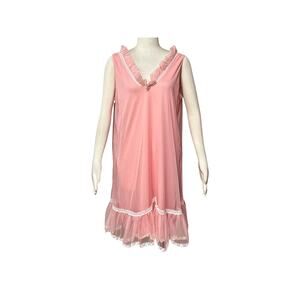 1960s Pink Ruffled Collar White Lace Accents Sleeveless Negligee Nightgown Sz L